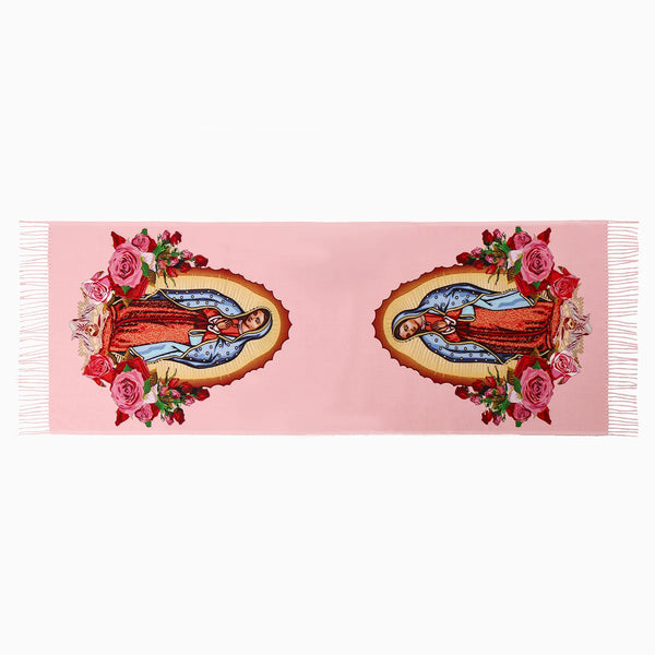Warm scarf with vibrant Virgin Mary design, ideal for winter outings and church visits.