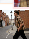 Men's bright yellow plaid button-up shirt with traditional checkered pattern and relaxed silhouette