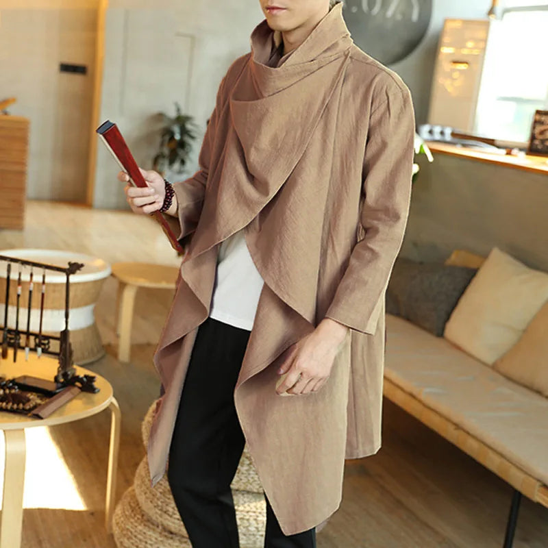 Men's vintage cotton trench jacket with scarf collar in navy, perfect for spring outings and stylish casual wear.