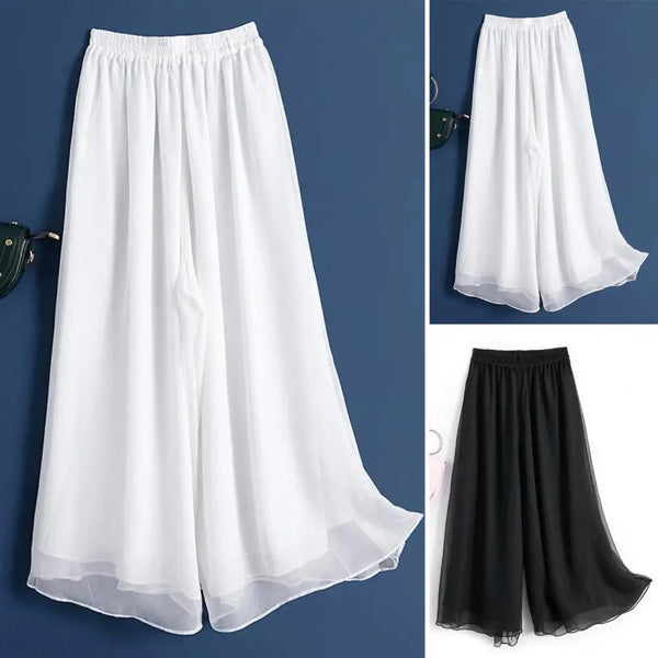 High-waisted pleated swing pants in black, made from lightweight chiffon for summer comfort.