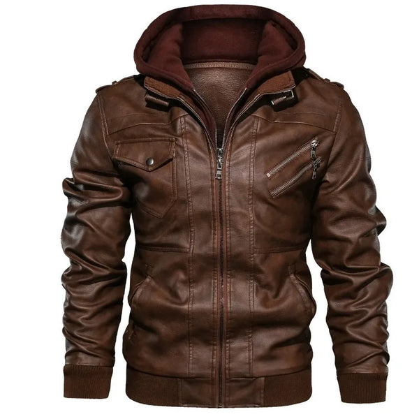 Men's PU leather hooded jacket for autumn and winter, stylish, warm, and perfect for casual outings and outdoor adventures.