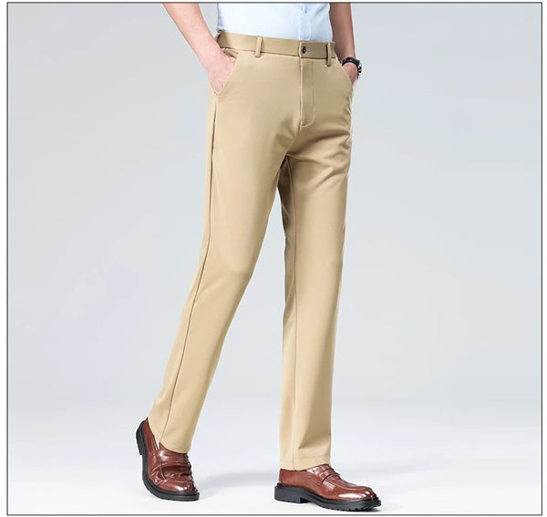Full-length view of high drape dress pants creating polished silhouette from waist to ankle