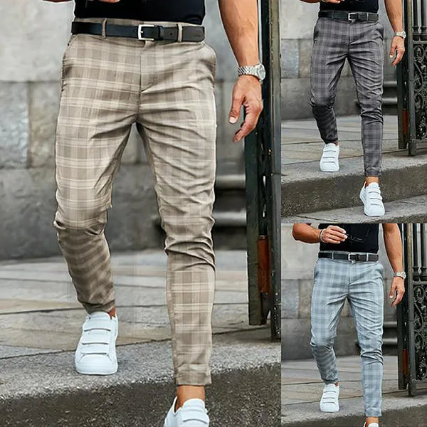 Plaid slim fit suit pants for men, stylish and casual, perfect for autumn and winter, crafted from premium polyester.