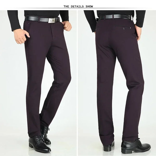 Classic men's dress pants in premium cotton, perfect for business and casual wear with a straight leg and zipper fly closure.
