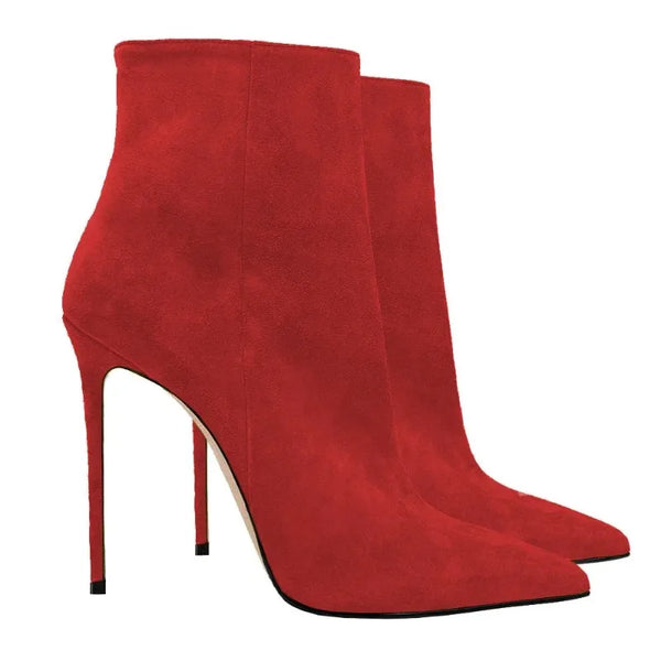 Stylish suede boots with a thin heel for leg elongation.