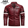Stylish Men's PU Leather Biker Jacket in red, black, and dark blue with embroidery, perfect for winter and casual outings.