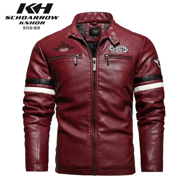 Stylish Men's PU Leather Biker Jacket in red, black, and dark blue with embroidery, perfect for winter and casual outings.