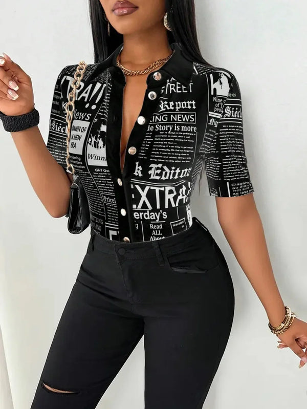 Chic Newspaper Print Blouse featuring a V-neck, short sleeves, and a stylish editorial pattern for casual summer wear.