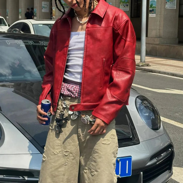 Men's red PU leather jacket in retro hip-hop style, featuring a loose fit, smooth zipper, and comfortable polyester lining.