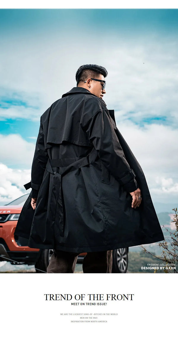 Men's casual trench coat in plus sizes, single-breasted, medium length, loose fit, stylish outerwear for autumn and winter.
