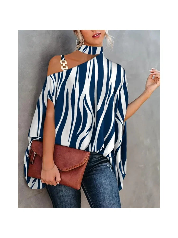 Elegant floral print blouse with batwing sleeves, halter collar, perfect for casual or office wear, made from soft cotton ble