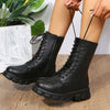 Chic white ankle boots with chunky heel, PU leather, lace-up closure, perfect for fall/winter fashion and day-to-night wear.