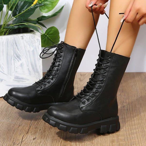 Chic white ankle boots with chunky heel, PU leather, lace-up closure, perfect for fall/winter fashion and day-to-night wear.