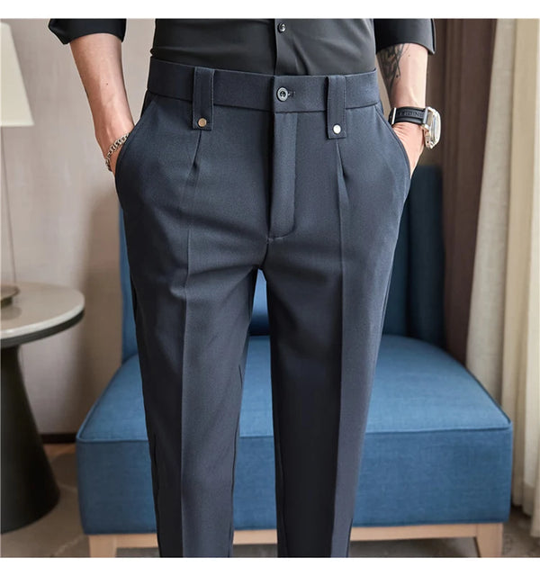 Men's slim fit dress pants in British style with elastic waist, perfect for formal or casual occasions, made from polyester b
