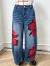 Wide leg cropped jeans with elevated waistline and button front closure for women