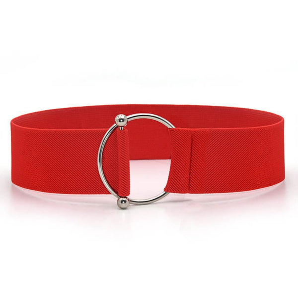 Chic Round Buckle Women's Elastic Waist Belt in neutral color, perfect for dresses, sweaters, and coats. Stylish and versatil