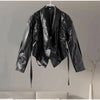 Chic belted leather bomber jacket for women, featuring lace-up detail, hood, and notched lapel, perfect for autumn and winter