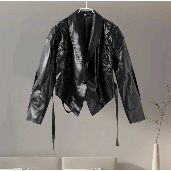 Chic belted leather bomber jacket for women, featuring lace-up detail, hood, and notched lapel, perfect for autumn and winter