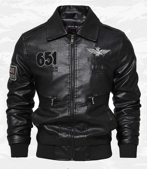 Men's Autumn/Winter Embroidered Leather Biker Jacket with detachable collar, fleece lining, and classic aviator design.