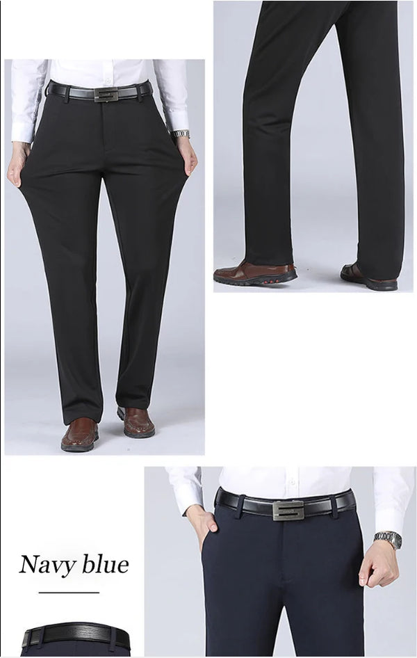 Slim-fit business casual dress pants for men in black and navy, perfect for office attire and formal occasions.