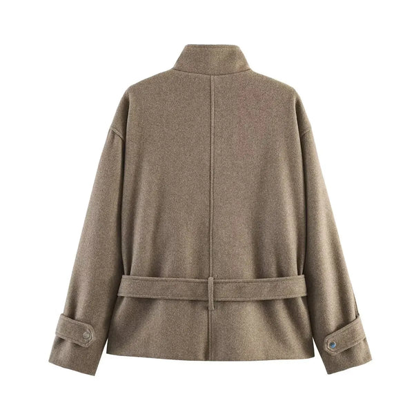 Belted Elegance jacket showing flattering drape and structured silhouette on model