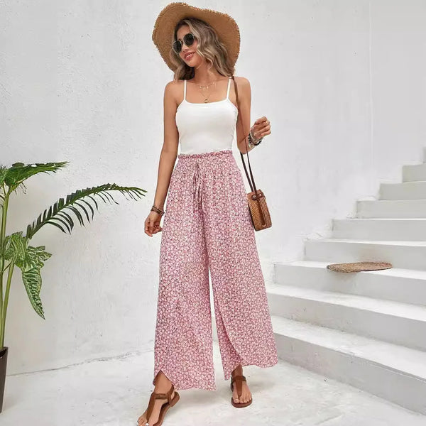Floral wide-leg chiffon pants for women, ankle-length, elastic waist, perfect for summer fashion and casual chic outfits.