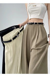 Chic high waist wide leg trousers with belt, perfect for office or casual wear, made from breathable polyester blend.