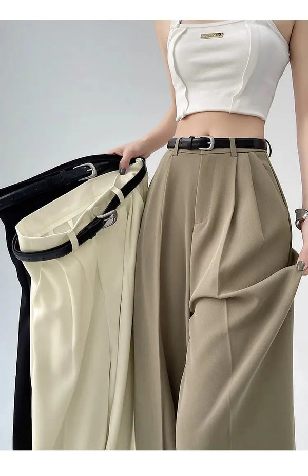 Chic high waist wide leg trousers with belt, perfect for office or casual wear, made from breathable polyester blend.