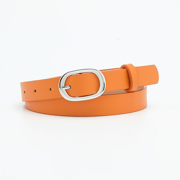 Chic round buckle women's belt in premium PU leather, stylish and versatile for jeans or dress outfits, 106 cm long.