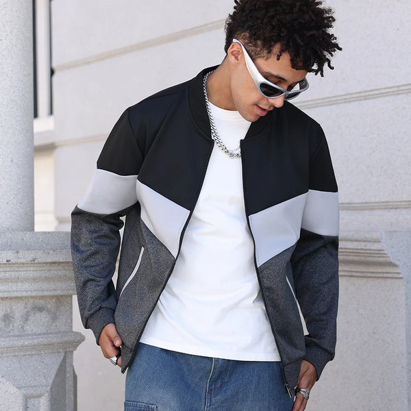Men's Trendy Color Block Bomber Jacket in US sizes, stylish zip-up design, perfect for all-season casual wear and outdoor act