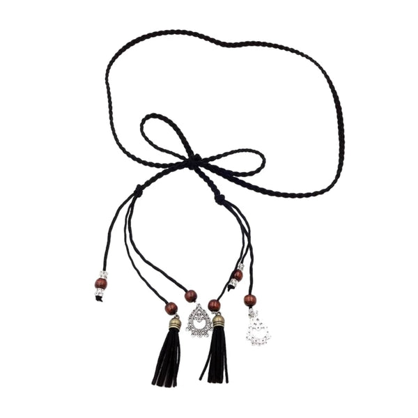 Bohemian braided faux leather skinny belt for women in camel, perfect for casual and formal outfits with fringe accents.
