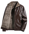 Men's faux leather biker jacket displayed on a hanger.