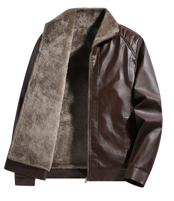 Men's faux leather biker jacket displayed on a hanger.