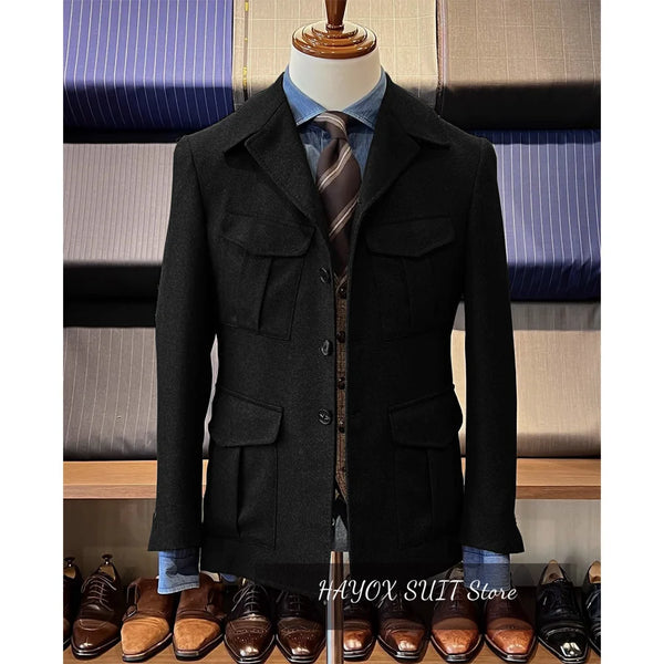 Vintage tweed herringbone men's blazer with four pockets, notched collar, and single-breasted design for stylish occasions.