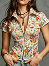 Bold botanical print denim shirt featuring contemporary zipper stand collar and breathable polyester construction