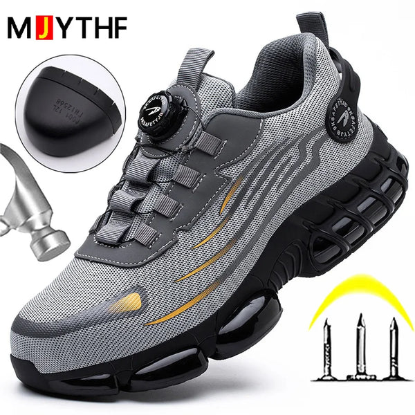 Steel Guard work boots with rotating button closure and steel toe protection on white background
