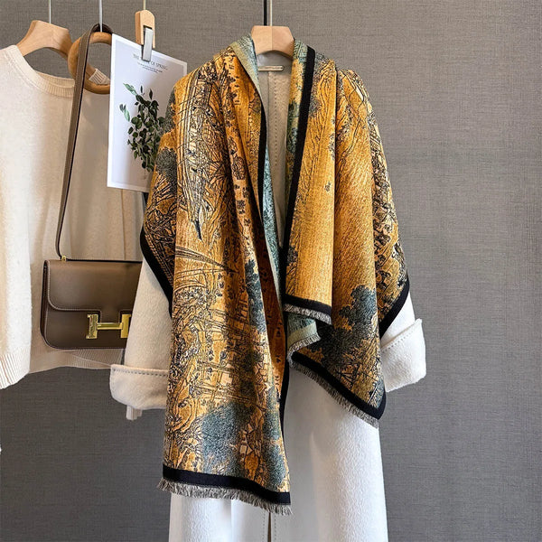 Elegant women's winter scarf in soft polyester with vibrant prints.