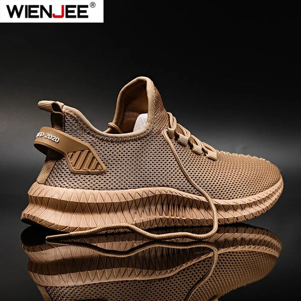 Breathable knit lace-up sneakers in neutral color with air mesh construction