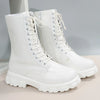 Chic white ankle boots with chunky heel, lace-up closure, and durable PU leather for stylish fall/winter wear.