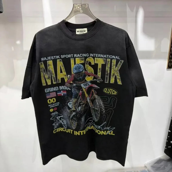 Cotton hip-hop t-shirt with shimmering rhinestone text on chest