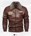 Men's Autumn/Winter Embroidered Leather Biker Jacket with detachable collar, fleece lining, and classic aviator design.