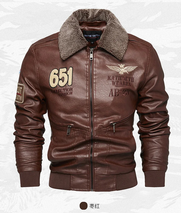 Men's Autumn/Winter Embroidered Leather Biker Jacket with detachable collar, fleece lining, and classic aviator design.