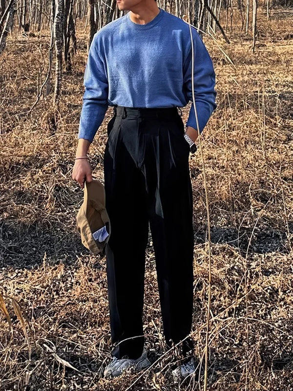 Vintage high-waist straight trousers for men, perfect for spring and summer, featuring pleated front and zipper closure.