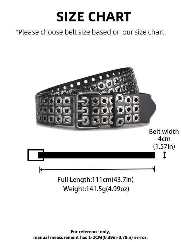Unisex punk belt with square beads and triple grommets, perfect for edgy fashion and versatile styling for all occasions.