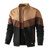 Men's trendy color block bomber jacket in US sizes, perfect for all-season wear and stylish casual outfits.