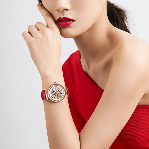 Elegant leather strap of the Mother of Pearl Dial Watch against a soft background.