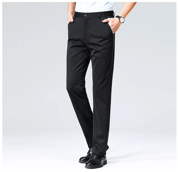 Summer suit pants with stretch waistband and moisture-wicking properties