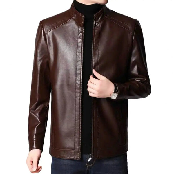 Men's faux leather jacket with zip-up front and stand collar, perfect for autumn and winter casual or professional wear.