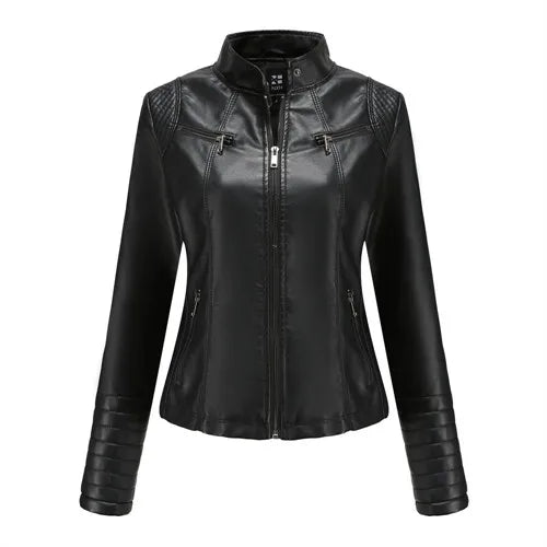 Chic women's slim leather biker jacket with zip detail, stand-up collar, and tailored fit for a stylish urban look.