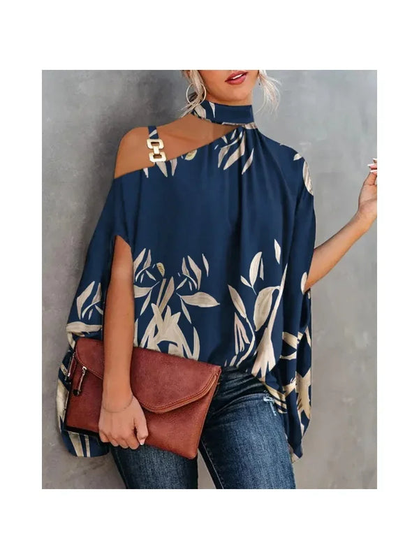 Elegant floral print blouse with batwing sleeves, halter collar, perfect for casual or office wear, made from soft cotton ble